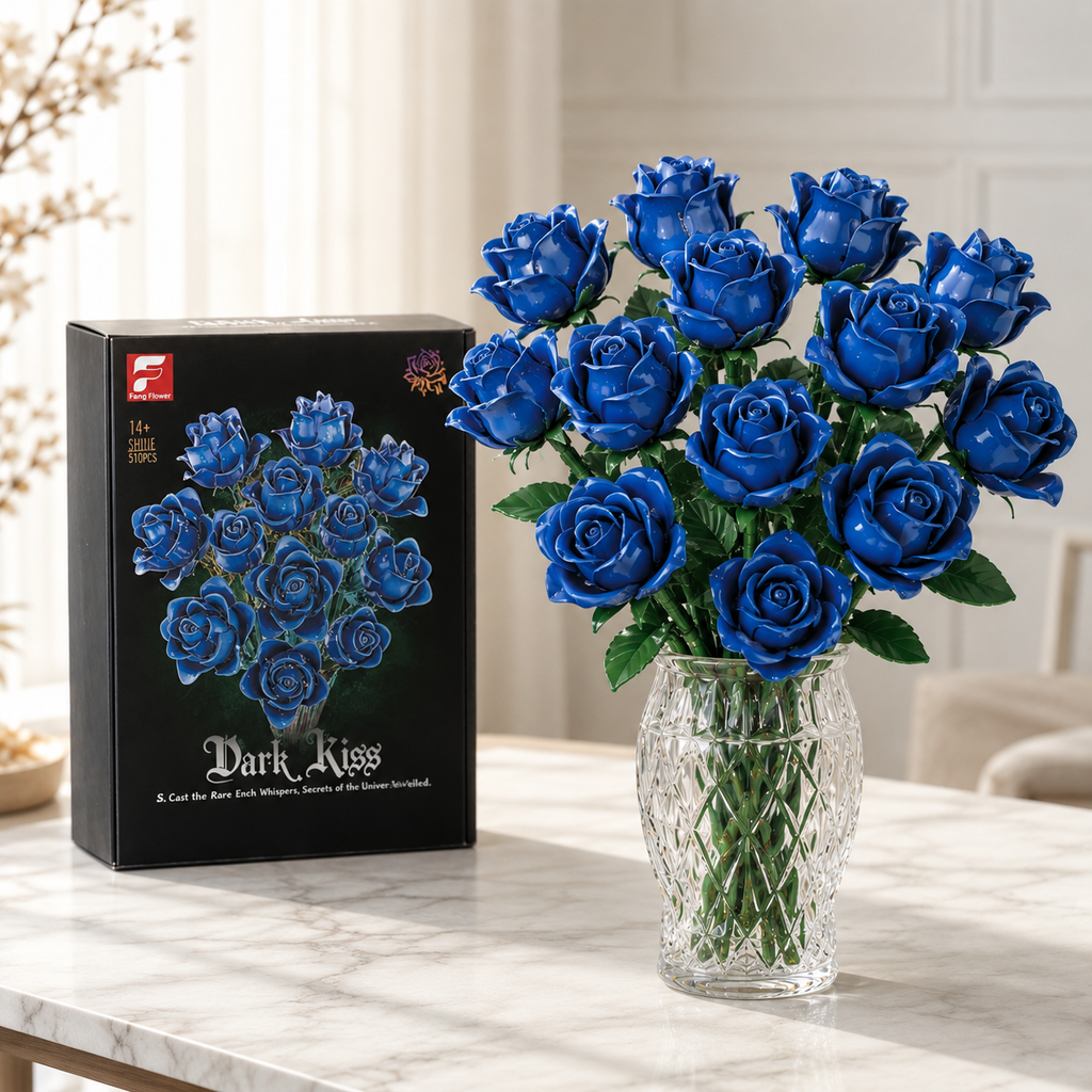 Blue Rose Bouquet Kit – 12 blue roses DIY building blocks assembled by Petaloo