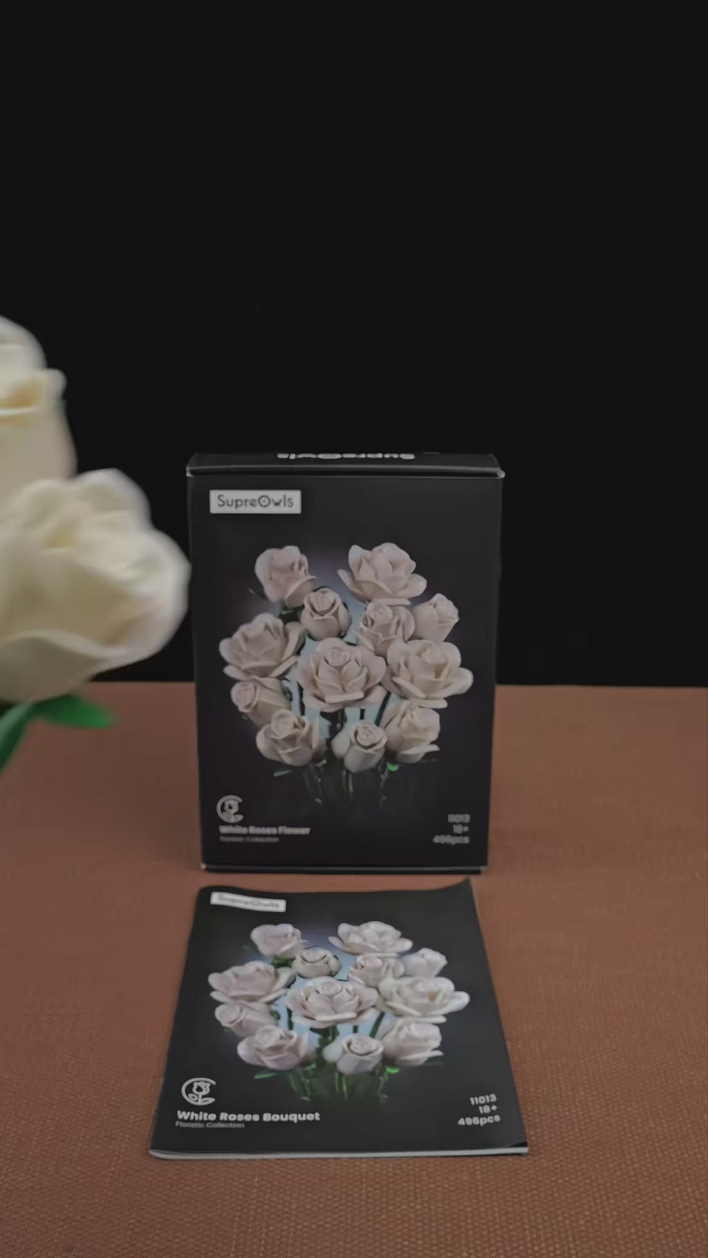 Video of the White Rose Bouquet Kit - twelve white roses built by hand from 496 blocks, shown finished and in detail. Forever flowers that never wilt.