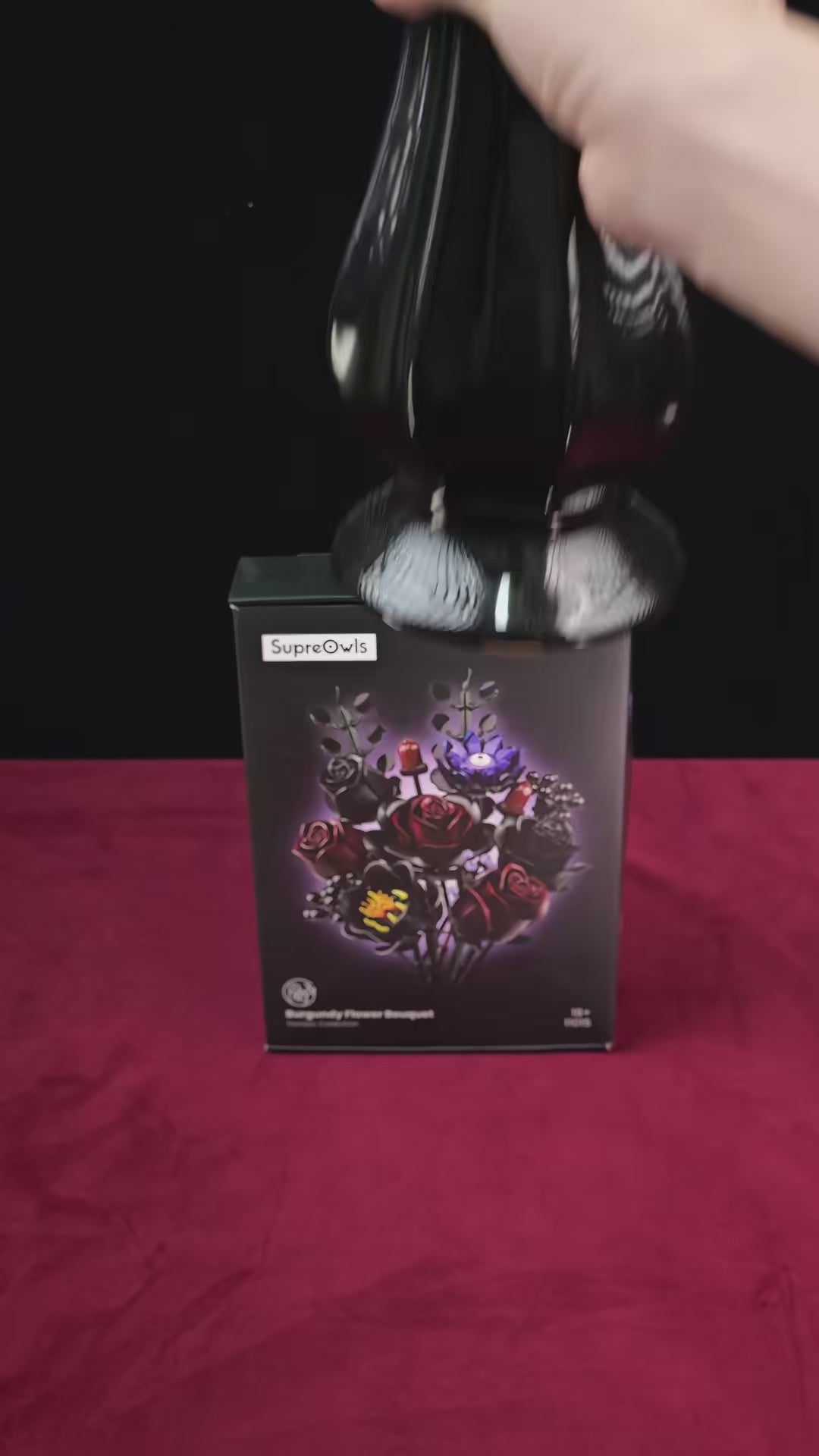 Video of the Gothic Bouquet Kit - a dark mixed bouquet of black and deep red roses and purple blossoms, built by hand from 831 blocks and shown finished.