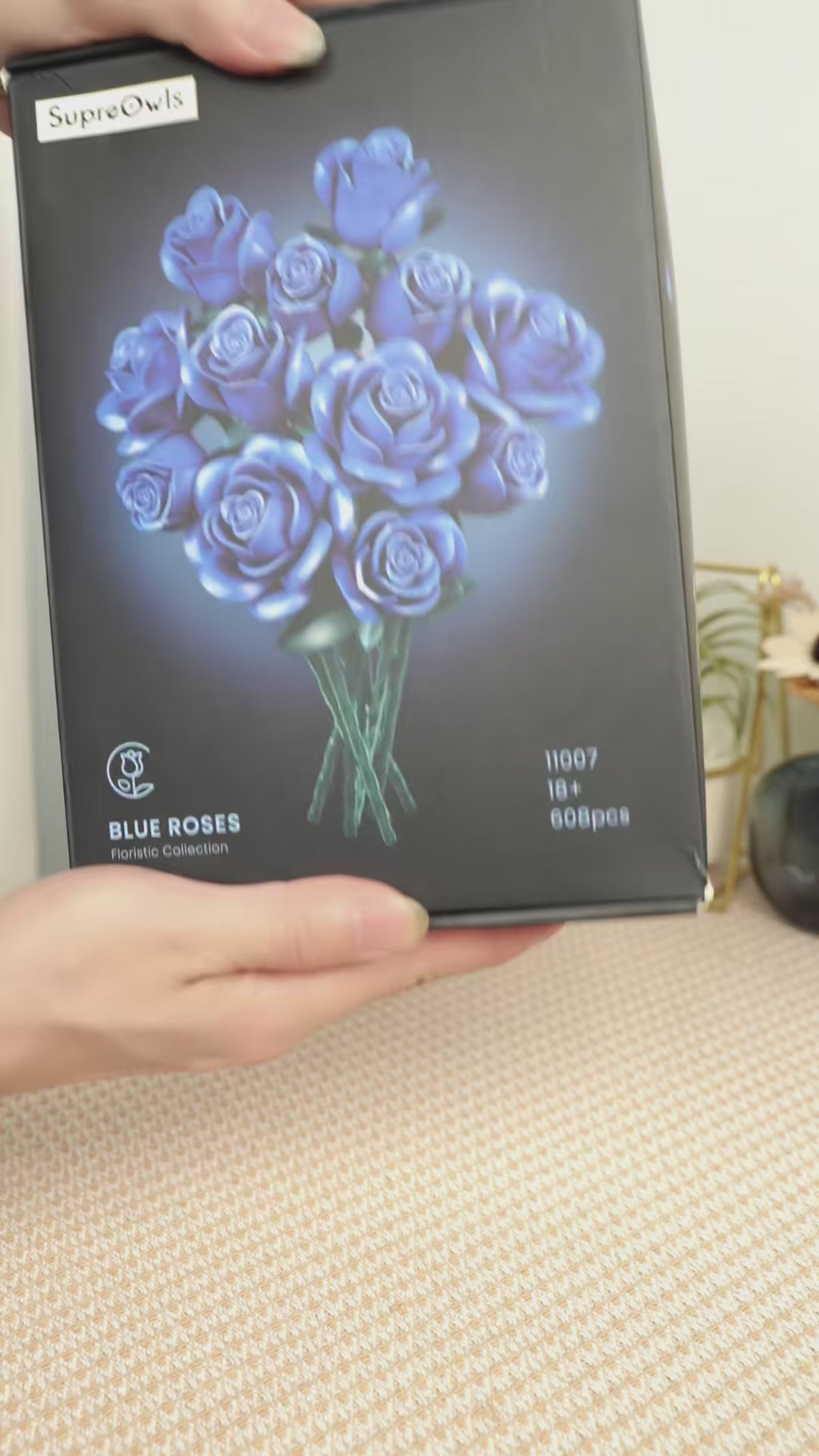 Video of the Blue Rose Bouquet Kit - twelve blue roses built by hand from 585 blocks, shown finished and in detail. The rose that does not exist in nature.