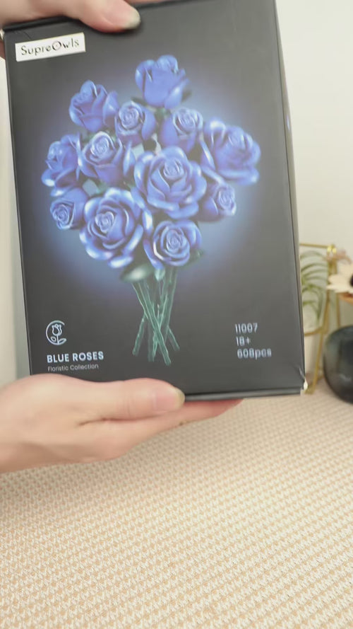 Video of the Blue Rose Bouquet Kit - twelve blue roses built by hand from 585 blocks, shown finished and in detail. The rose that does not exist in nature.