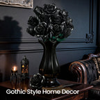 Black rose bouquet in a dark vase on a console table - gothic home decor styling