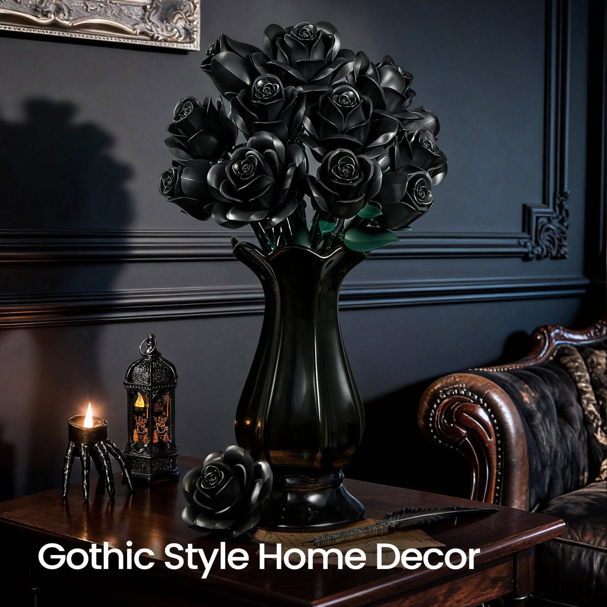 Black rose bouquet in a dark vase on a console table - gothic home decor styling