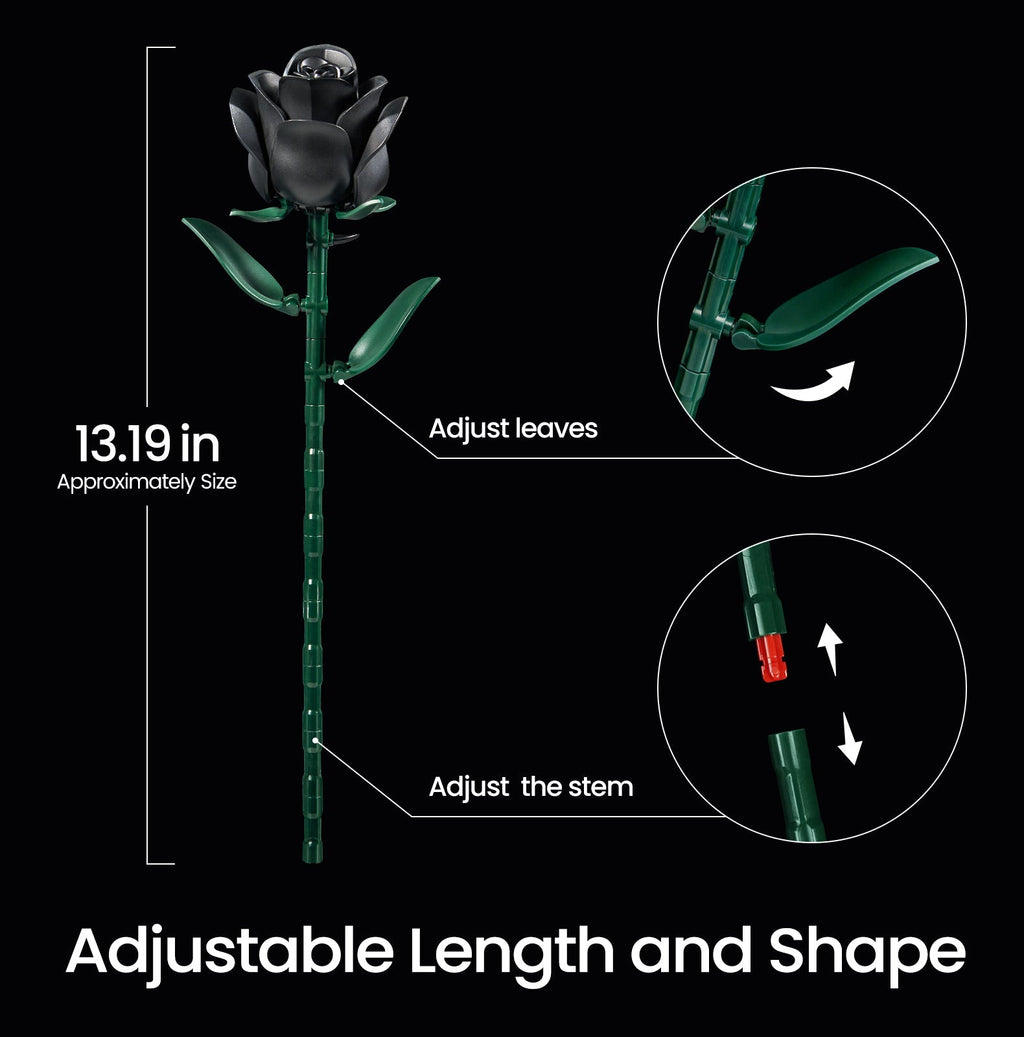 Black rose stem diagram - 13.19 in tall with adjustable leaves and stem length