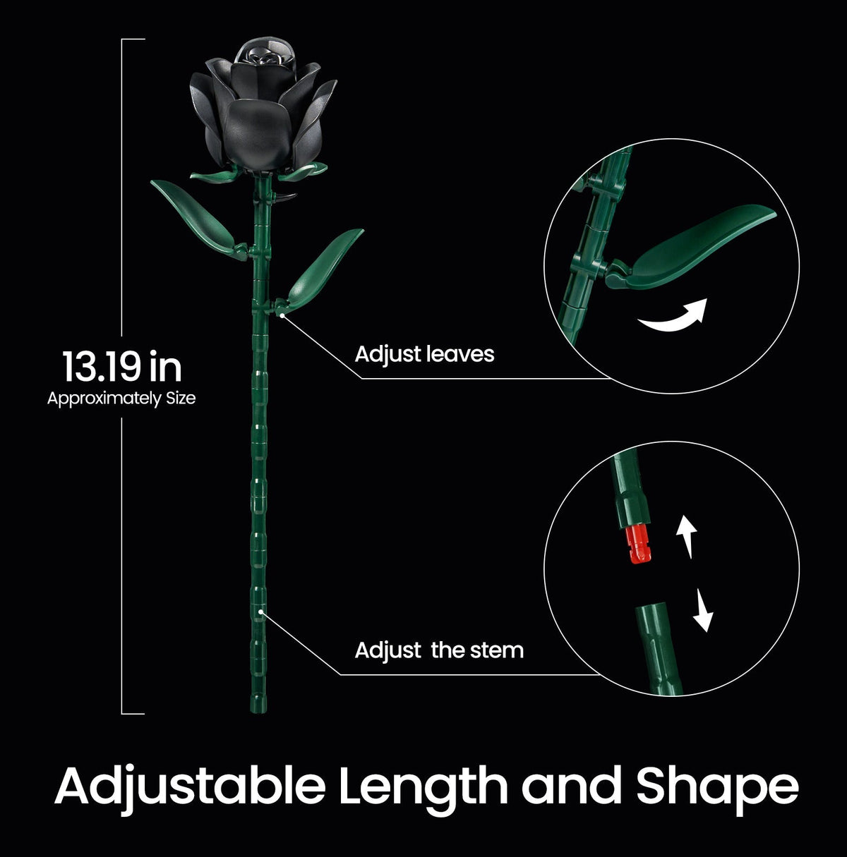 Black rose stem diagram - 13.19 in tall with adjustable leaves and stem length