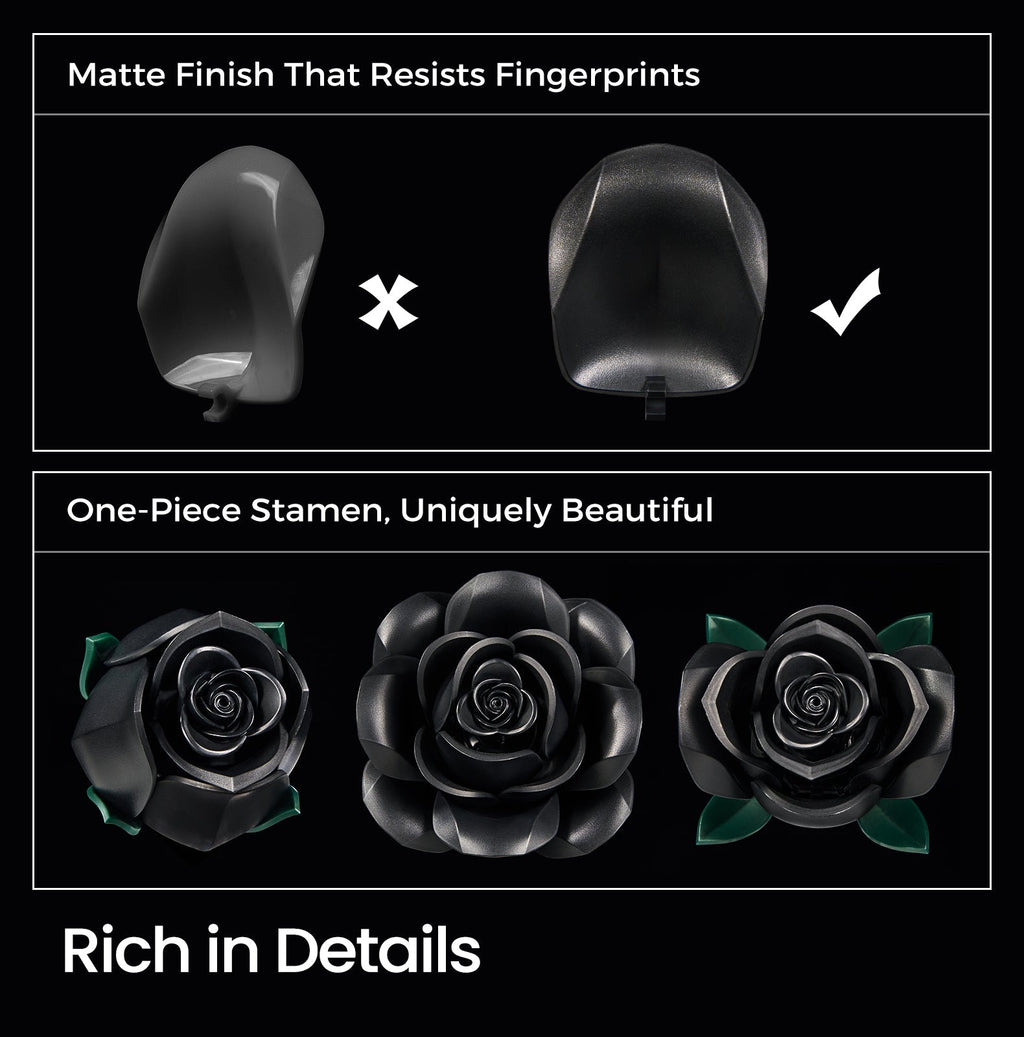 Matte finish detail of the black rose blocks and one-piece stamen construction