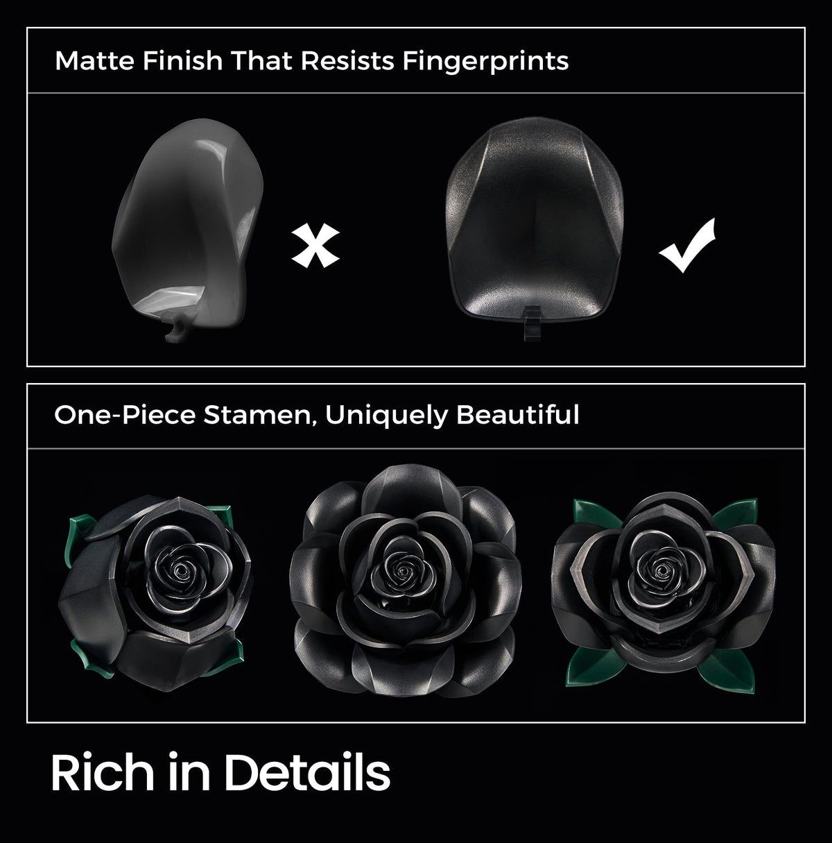 Matte finish detail of the black rose blocks and one-piece stamen construction