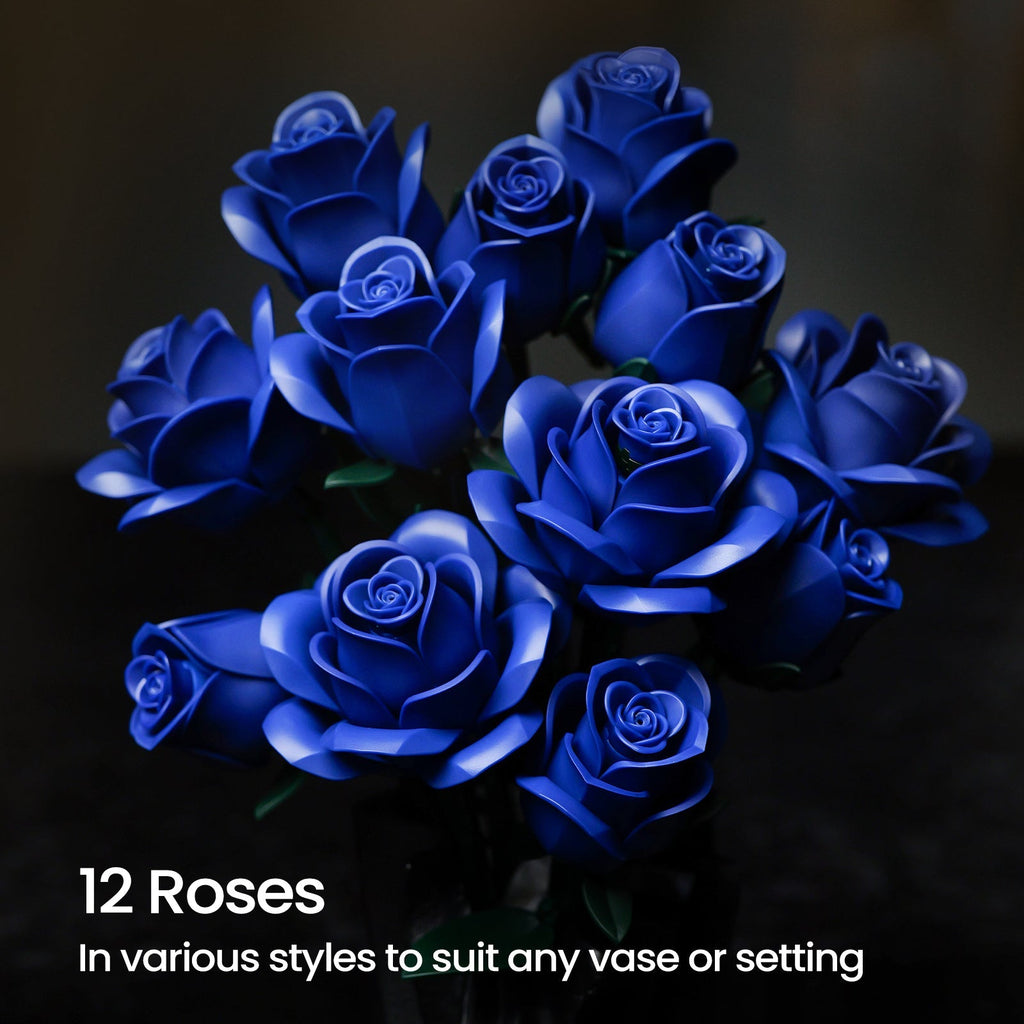 Twelve blue roses from the building block kit arranged in a dark vase