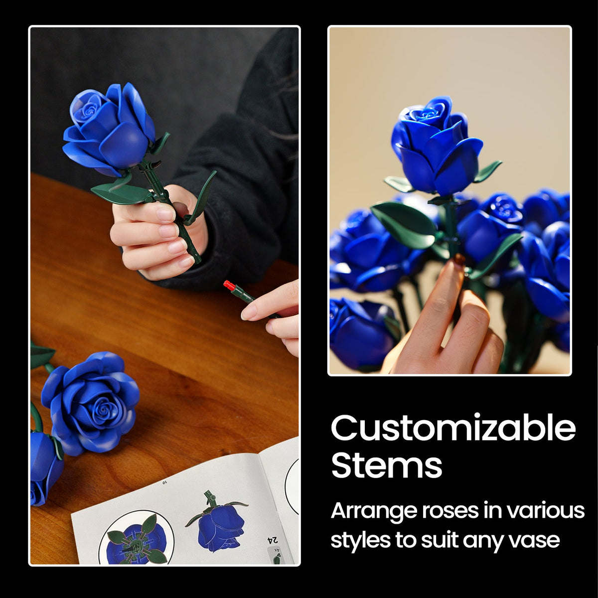Hands arranging blue roses with customizable stems to fit any vase
