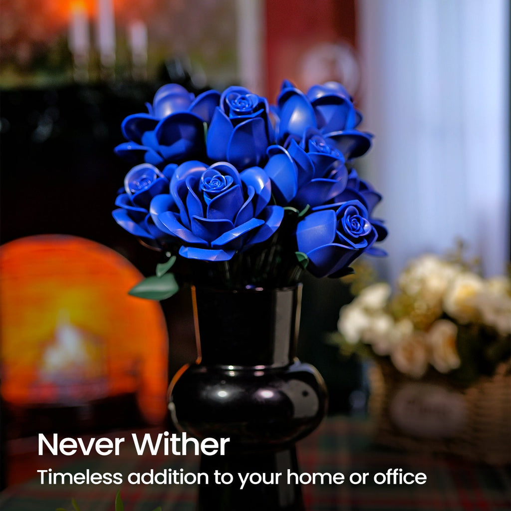 Blue rose bouquet in a black vase on a shelf - a bouquet that never withers