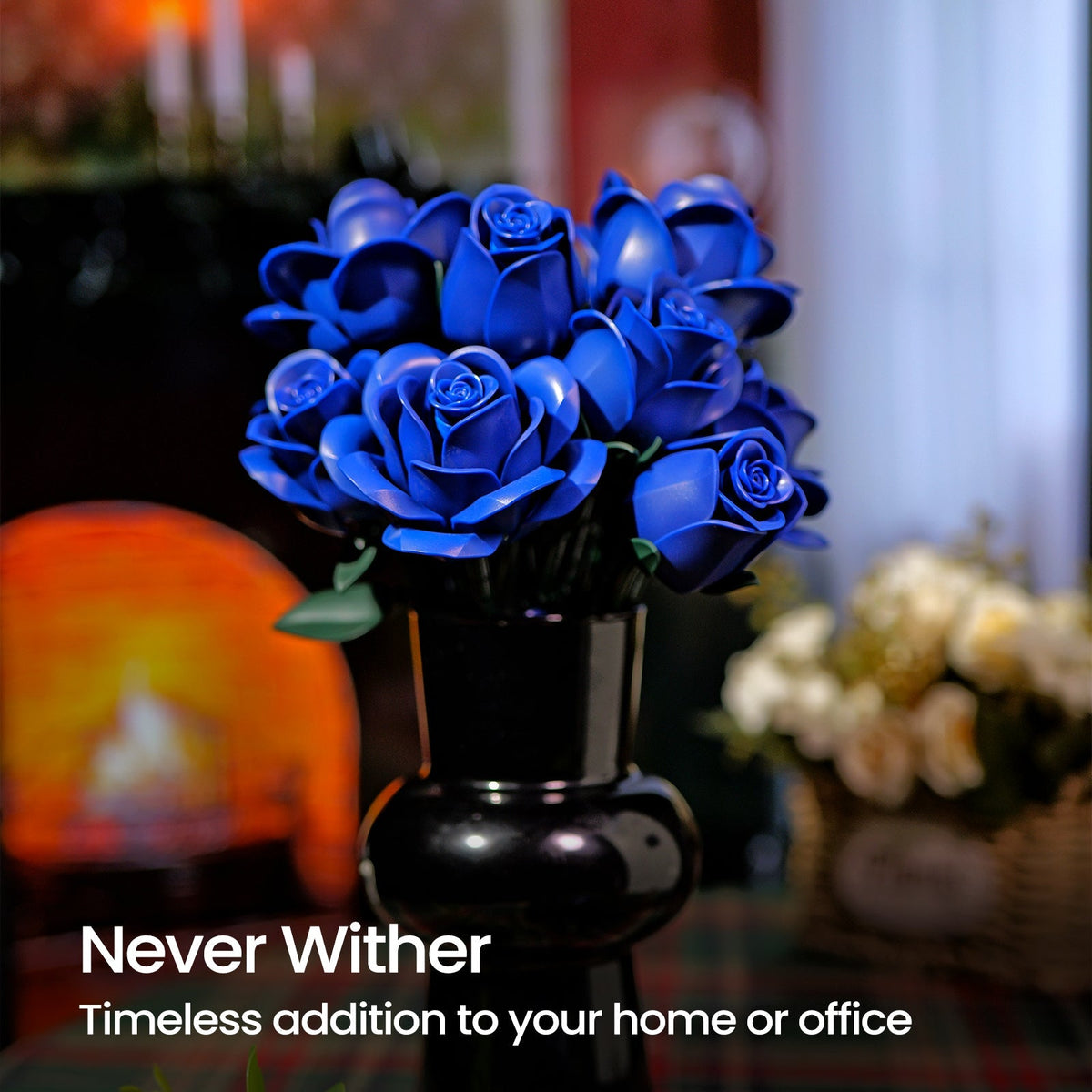 Blue rose bouquet in a black vase on a shelf - a bouquet that never withers