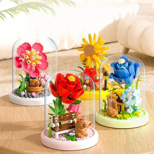 Capybara Garden DIY flower building blocks kit – glass dome display by Petaloo