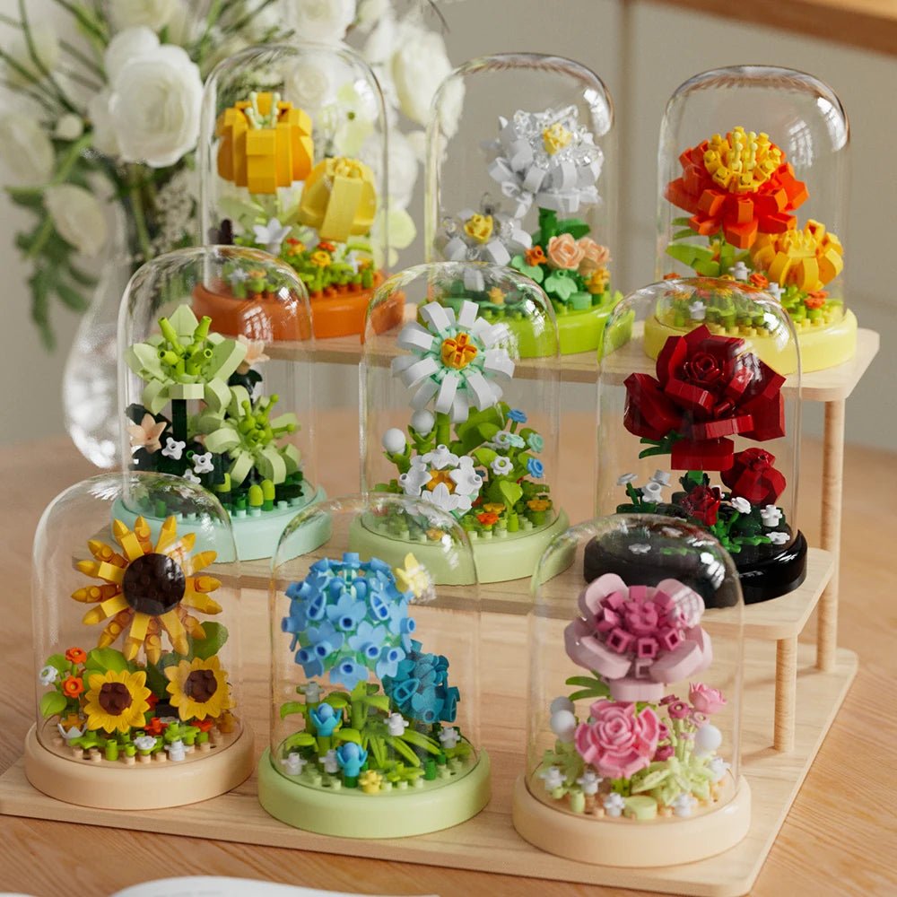 Petaloo Eternal Bonsai Kit – sunflower bouquet in glass dome building blocks