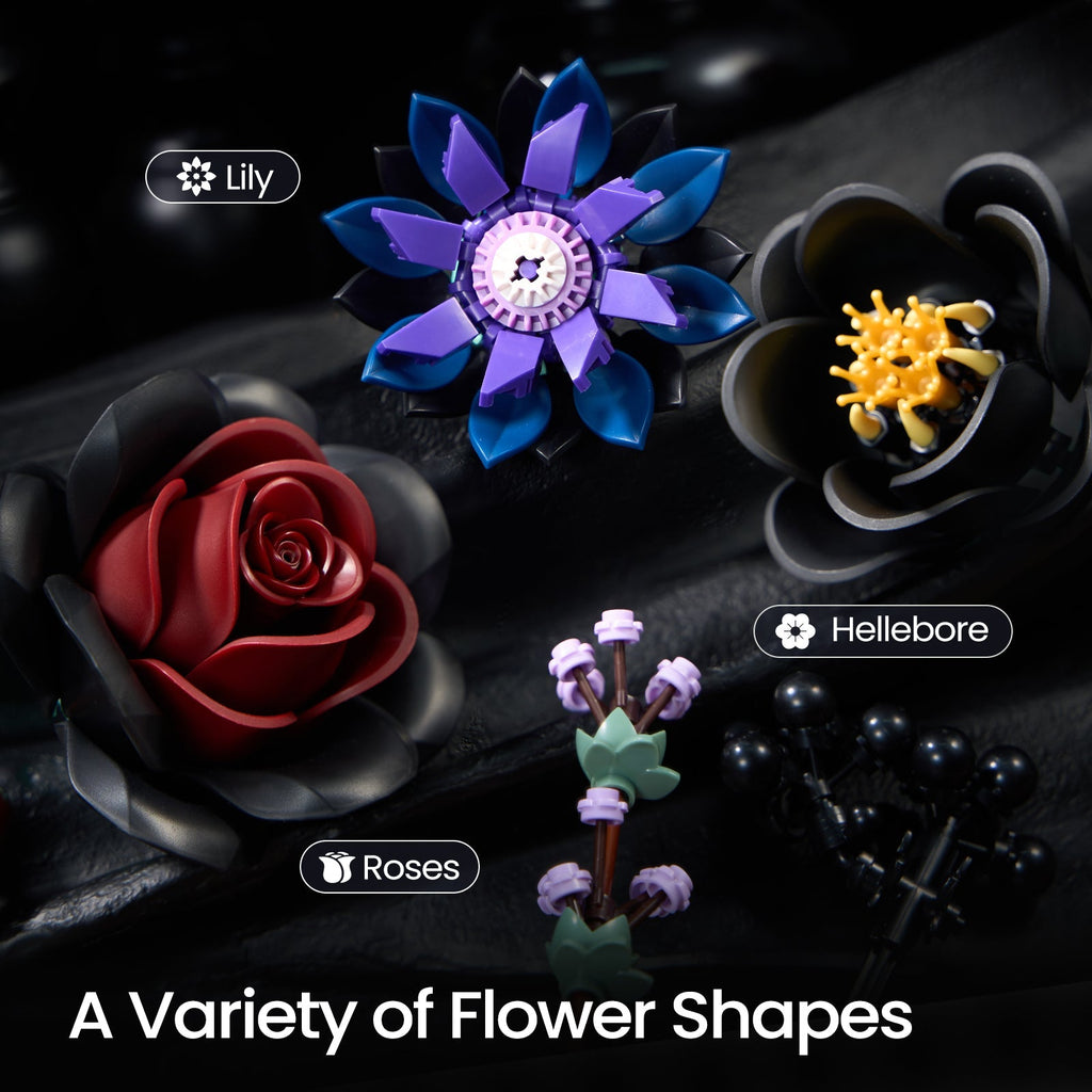 The twelve dark stems included - black roses, purple blossoms and botanical shapes - Petaloo