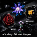 The twelve dark stems included - black roses, purple blossoms and botanical shapes - Petaloo