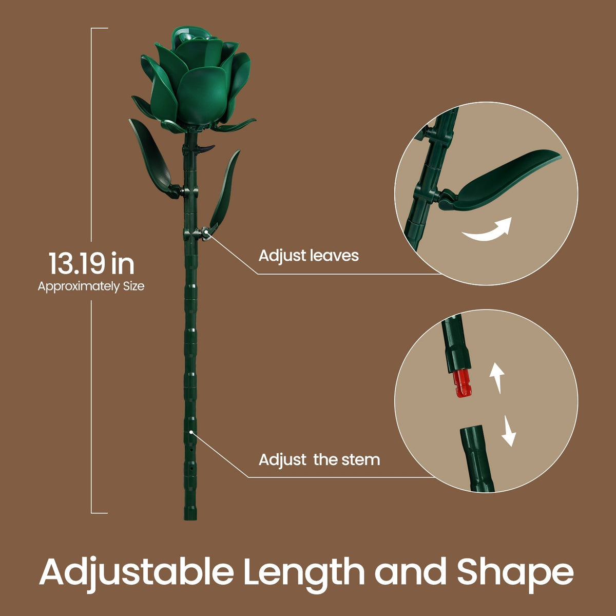 Green rose stem diagram - 13.19 in tall with adjustable leaves and stem length