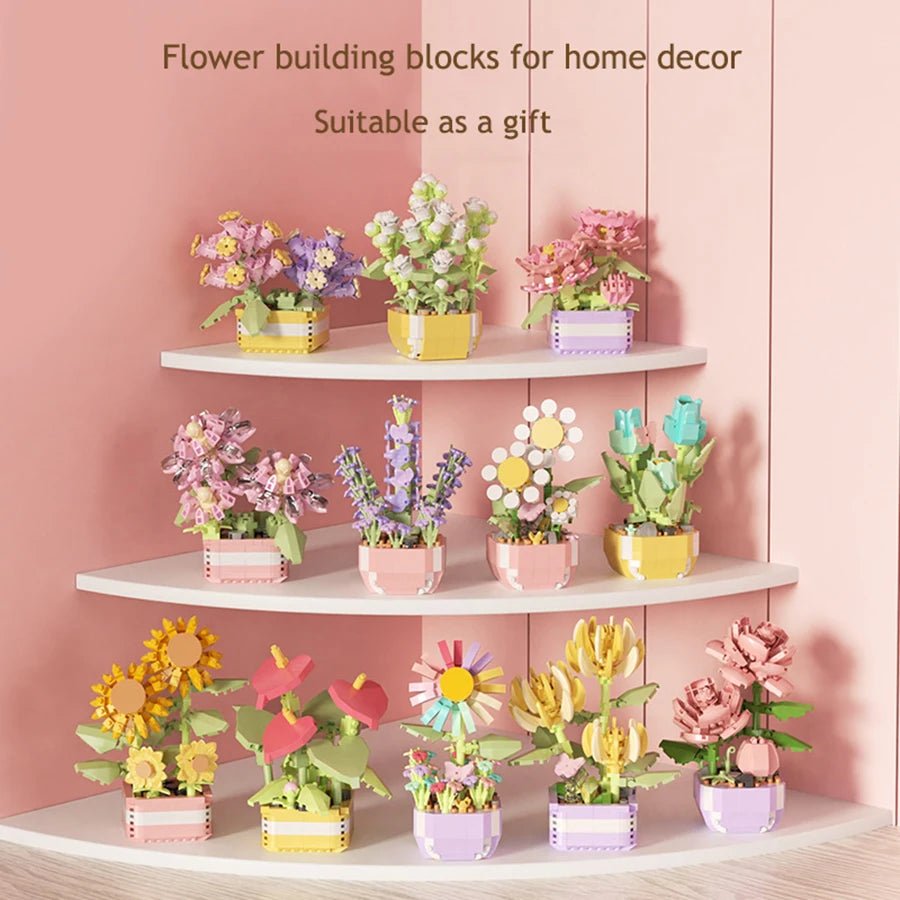 Mini flower pot DIY building blocks – sunflower and rose snap-together kit