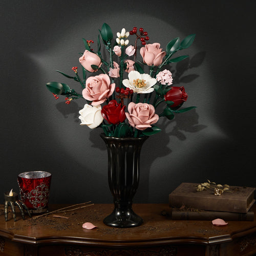 Pink and white rose bouquet built from blocks, in a black vase - Petaloo
