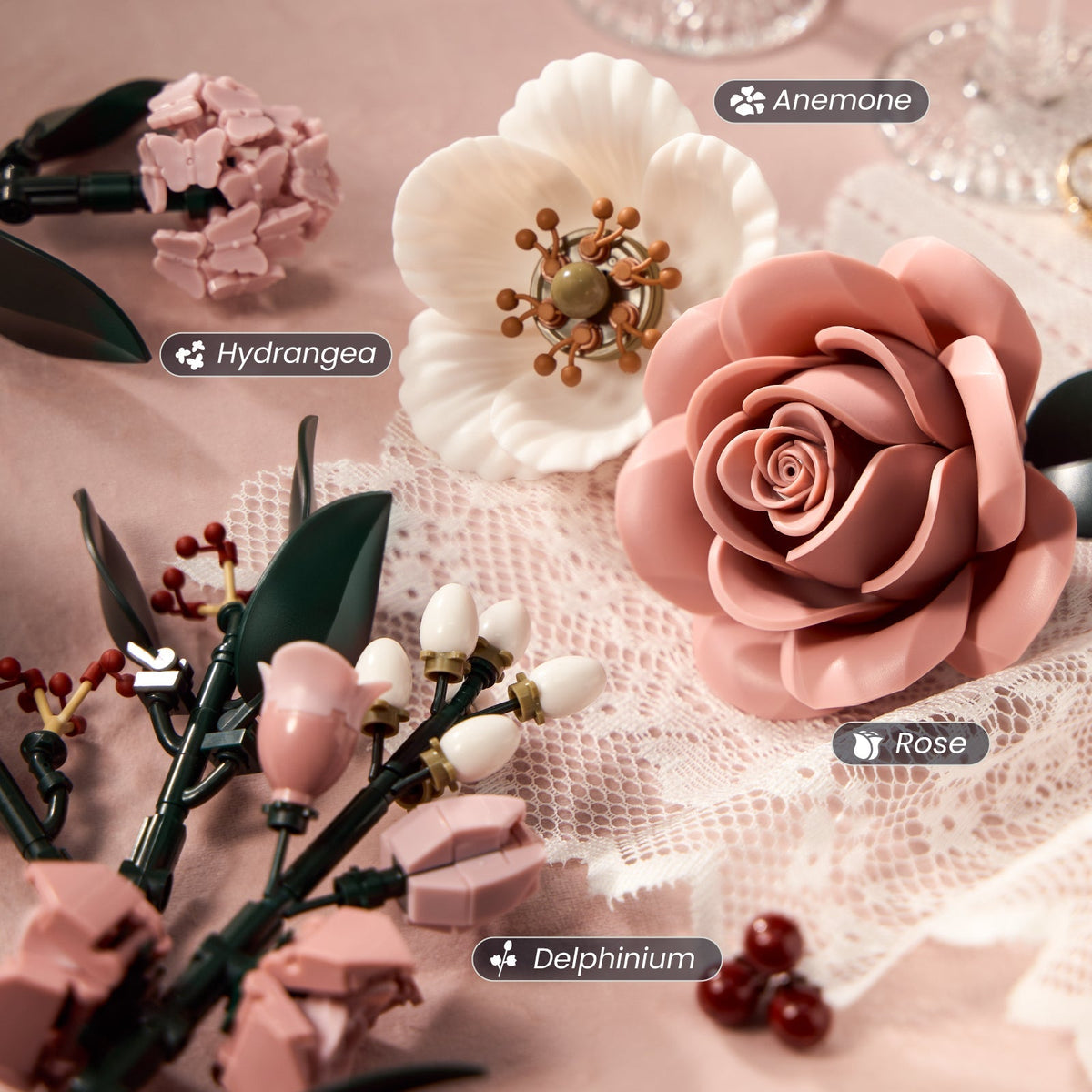 The twelve pink, white and deep red stems included in the kit - Petaloo