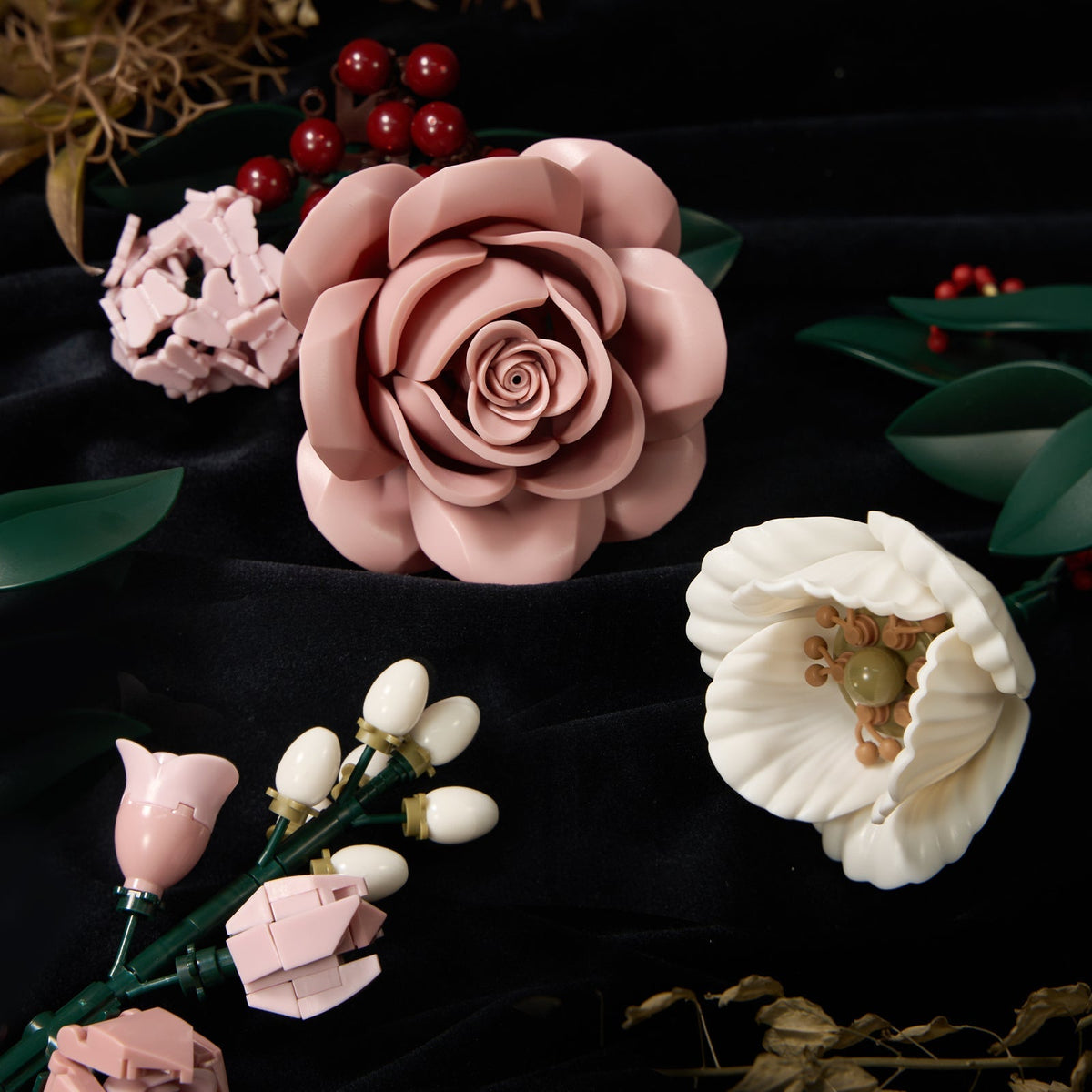 Close-up of a pink rose and white bloom built from interlocking pieces - Petaloo