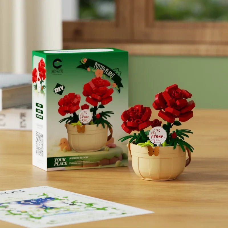 Red Rose DIY potted flower building block kit - Petaloo