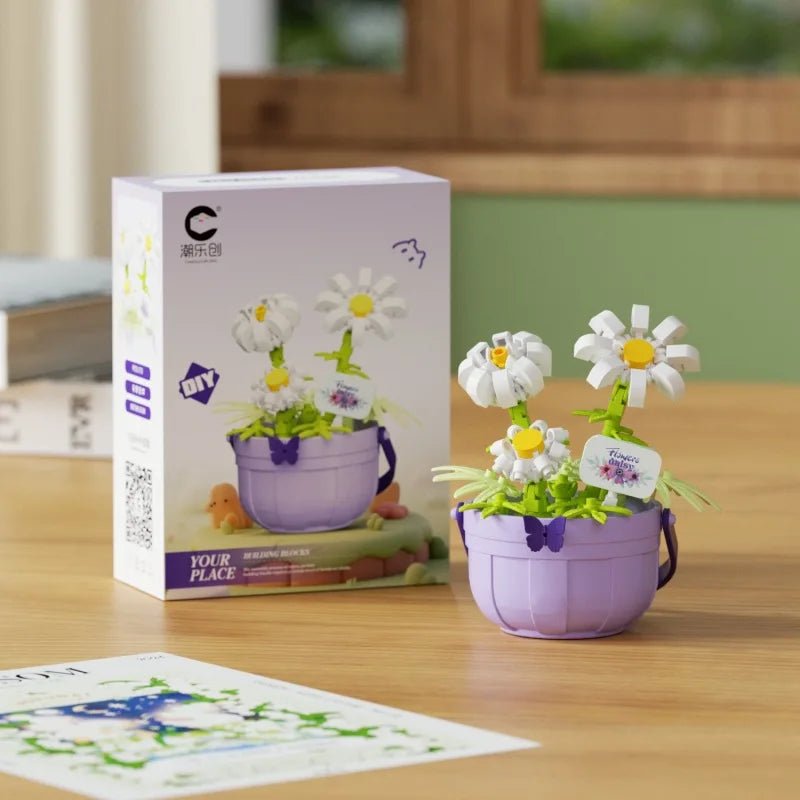 White Daisy DIY potted flower building block kit - Petaloo