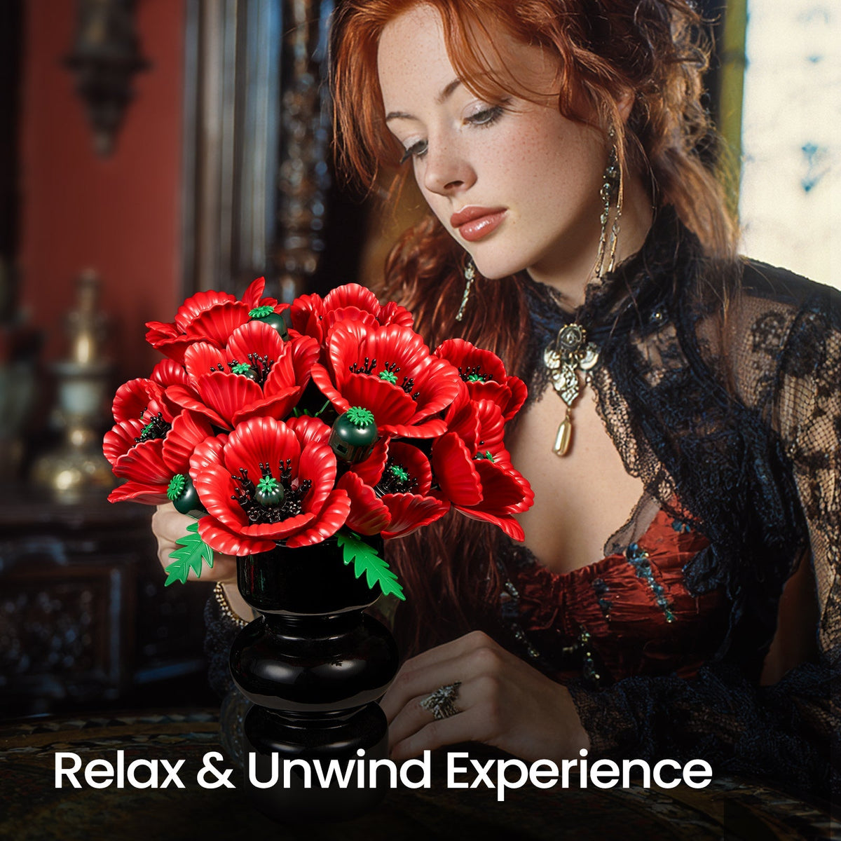 Woman in dark romantic dress arranging red poppies in a black vase