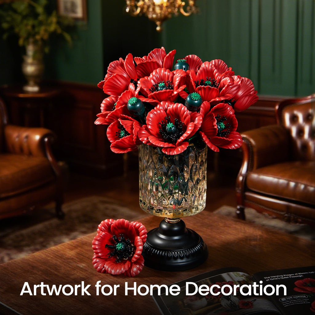 Red poppy bouquet in a glass vase in a classic green and leather living room