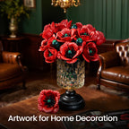 Red poppy bouquet in a glass vase in a classic green and leather living room