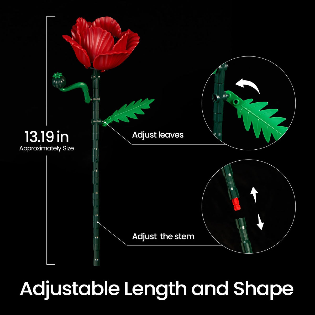 Red poppy stem diagram - 13.19 in tall with adjustable leaves and stem length