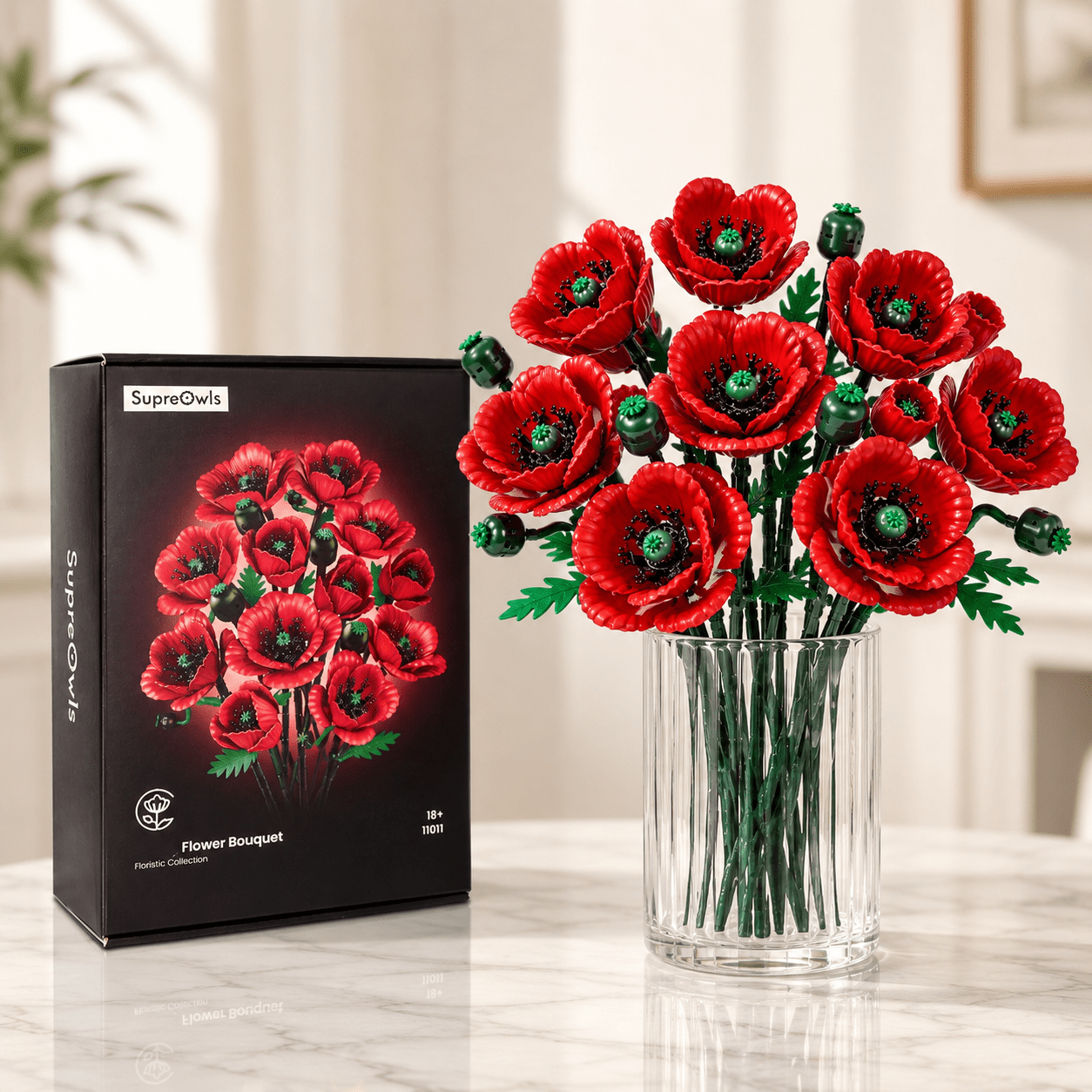 Red Poppy Bouquet Kit – 16 red poppies DIY building blocks assembled by Petaloo