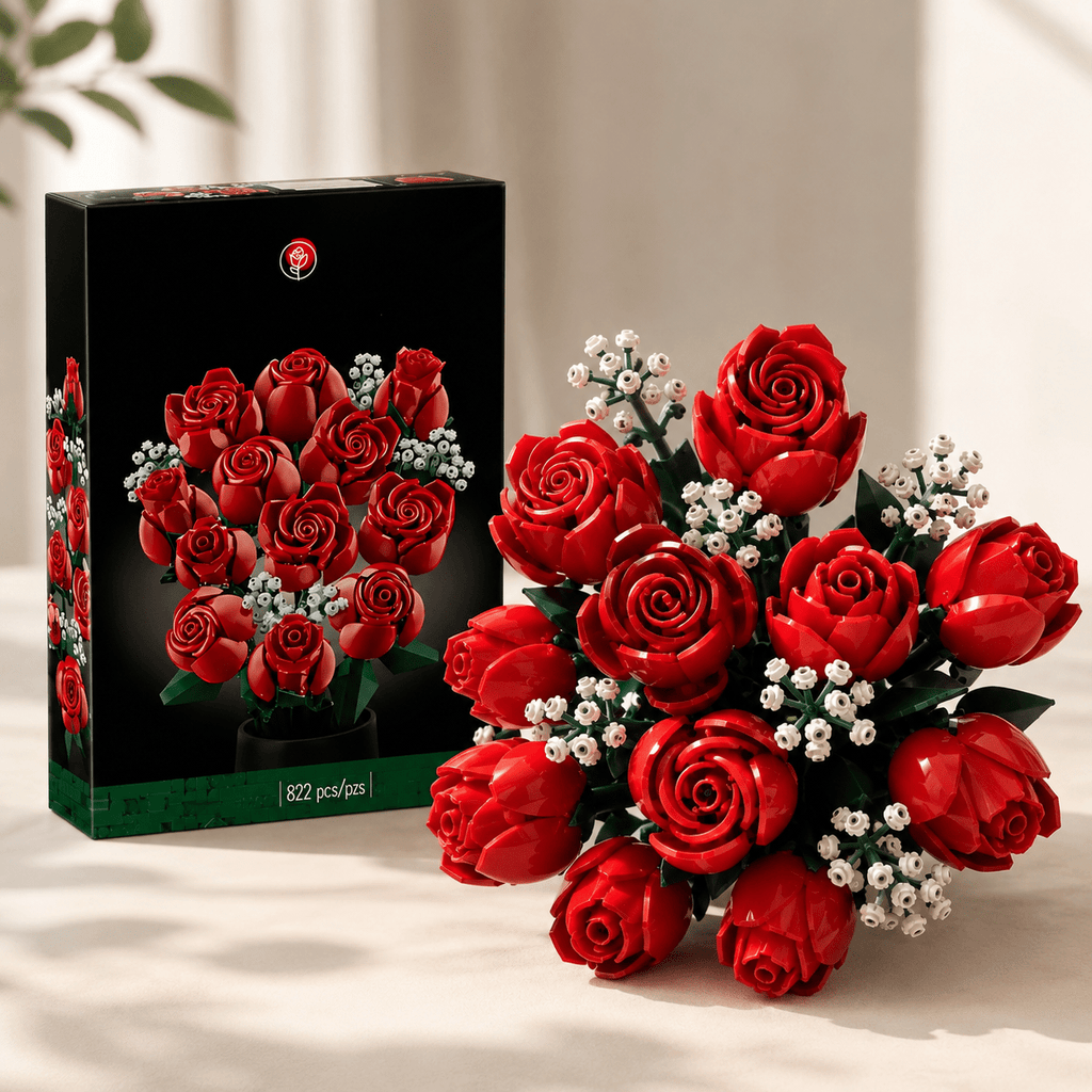 Red Rose Bouquet Kit DIY building blocks – 12 roses 822 pieces – Petaloo