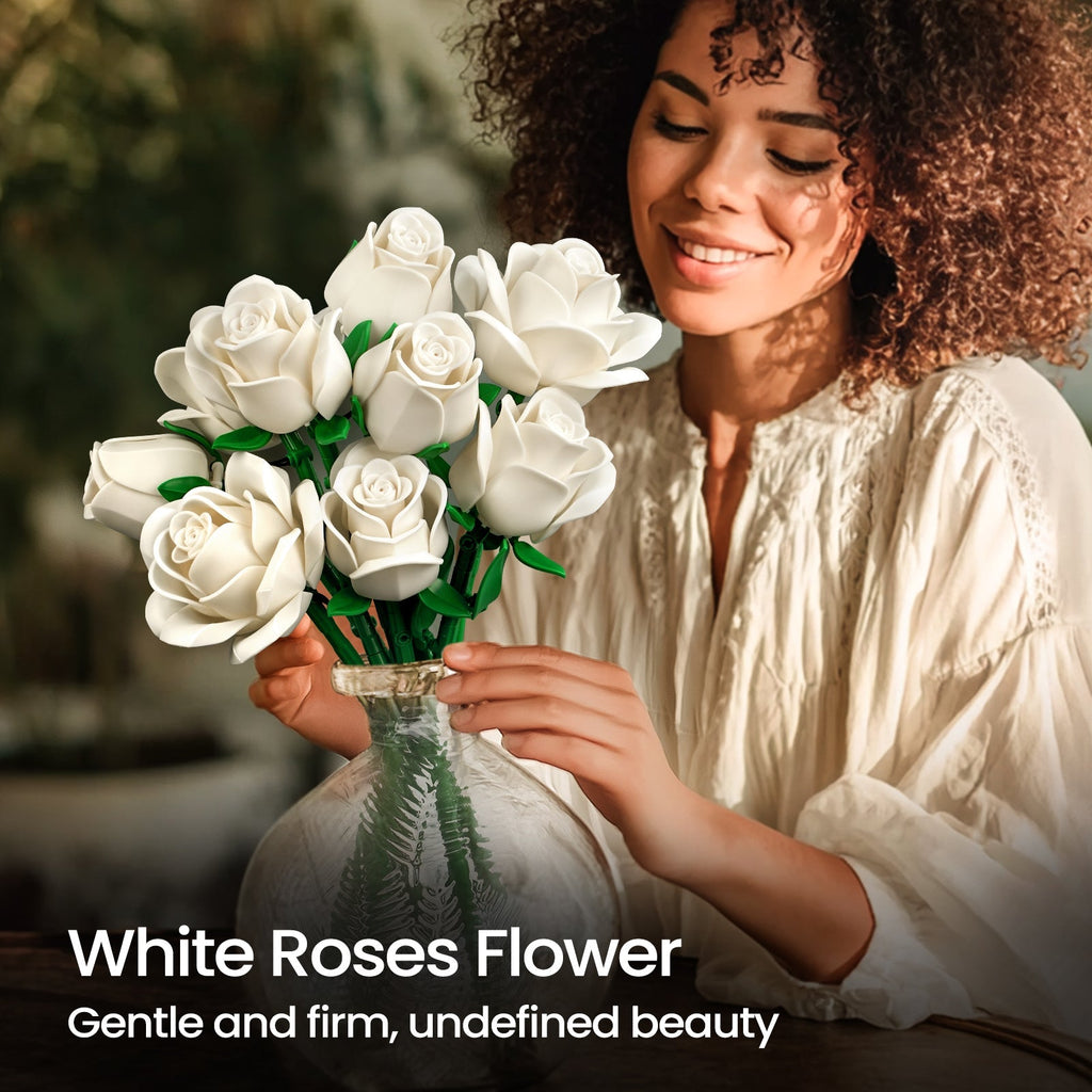 Construction detail of the white rose - one-piece flower core, matte finish and varied petal shapes