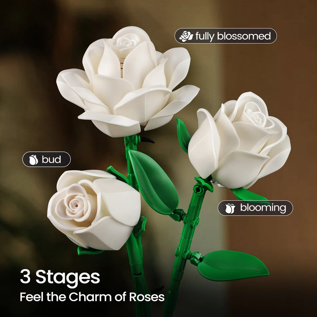White rose DIY building blocks kit – pieces detail view by Petaloo
