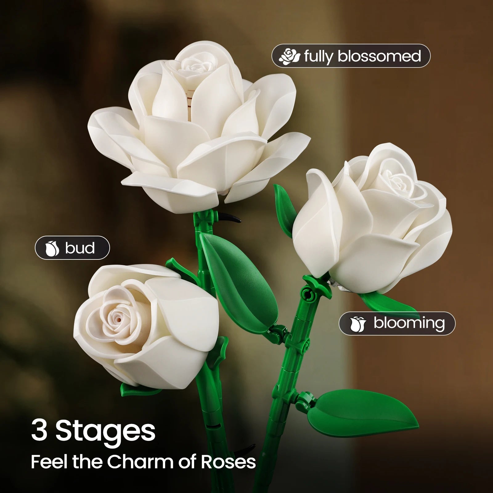 White rose DIY building blocks kit – pieces detail view by Petaloo