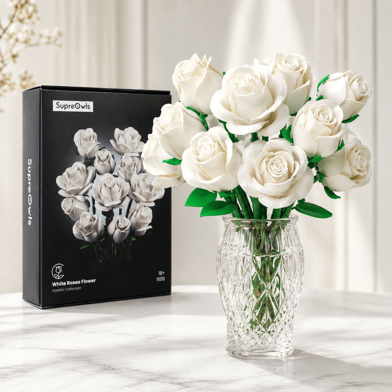 White Rose Bouquet Kit – 12 white roses DIY building blocks assembled by Petaloo