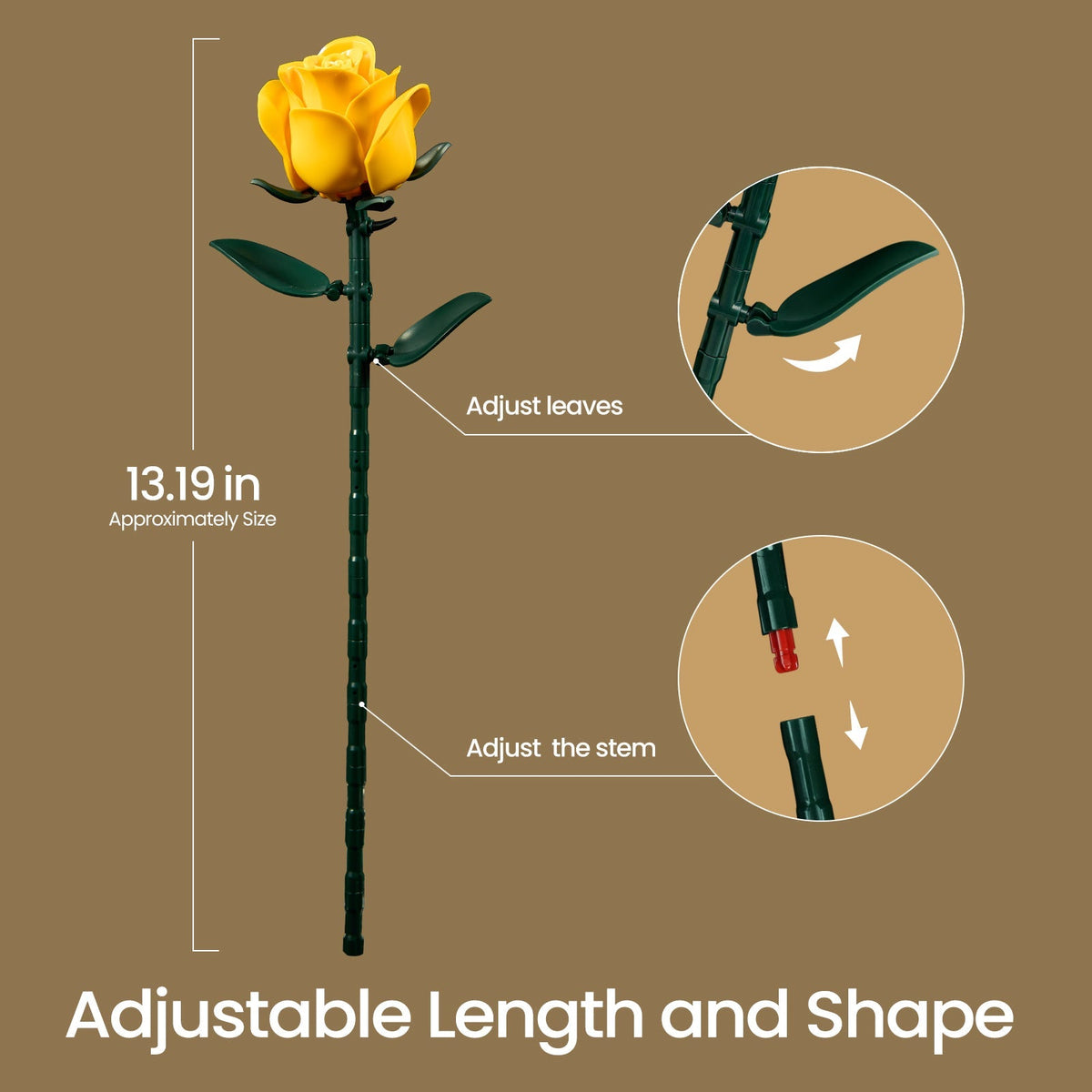 Yellow rose stem diagram - 13.19 in tall with adjustable leaves and stem length