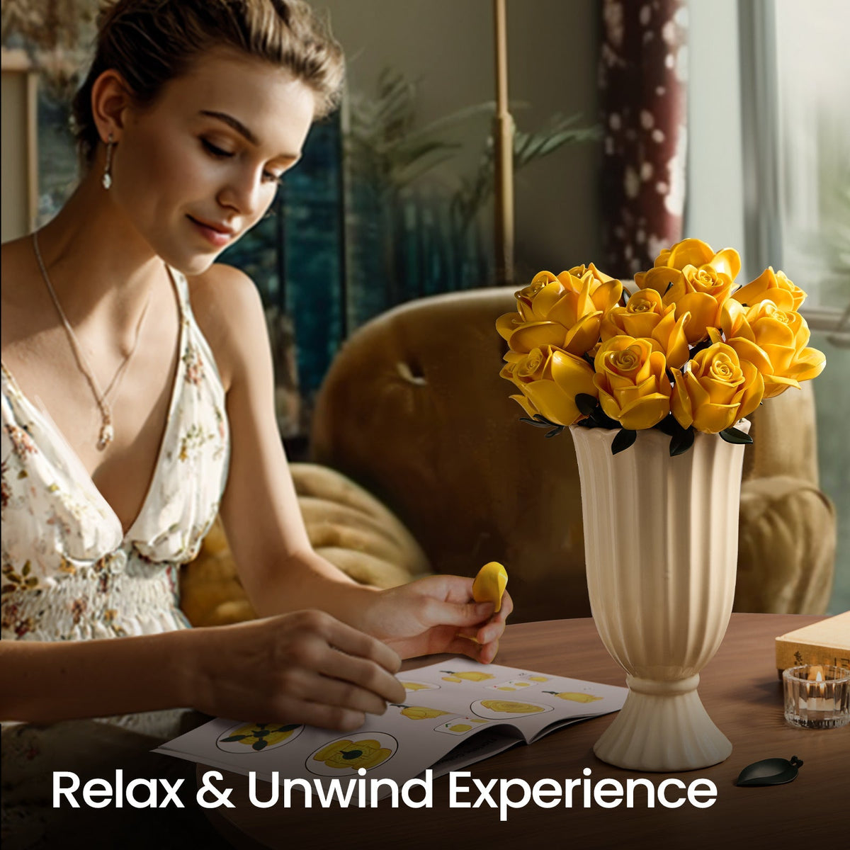 Woman following the illustrated guide while building yellow roses in a white vase