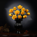Yellow rose bouquet in a black vase on a dark table