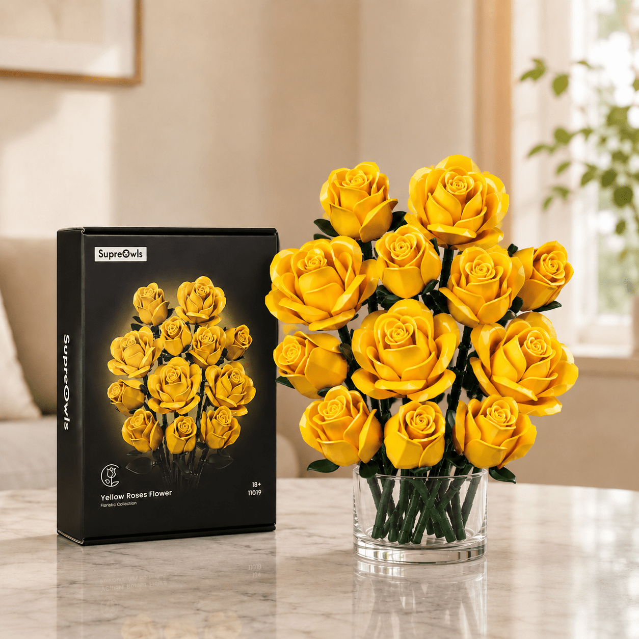 Yellow Rose Bouquet Kit – 12 yellow roses DIY building blocks assembled by Petaloo